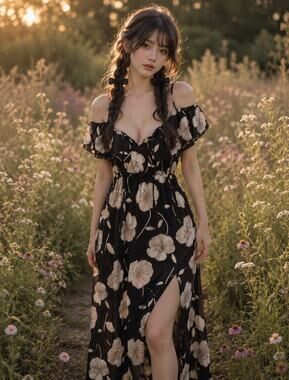 Where the Breeze Meets Blossoms cold shoulder flounce floral floaty maxi dress